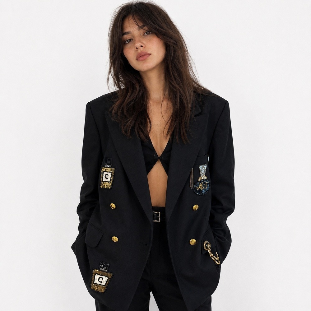 Over Qualified Embellished Pure‎ Wool Blazer Women S Black Gold Button Statement
